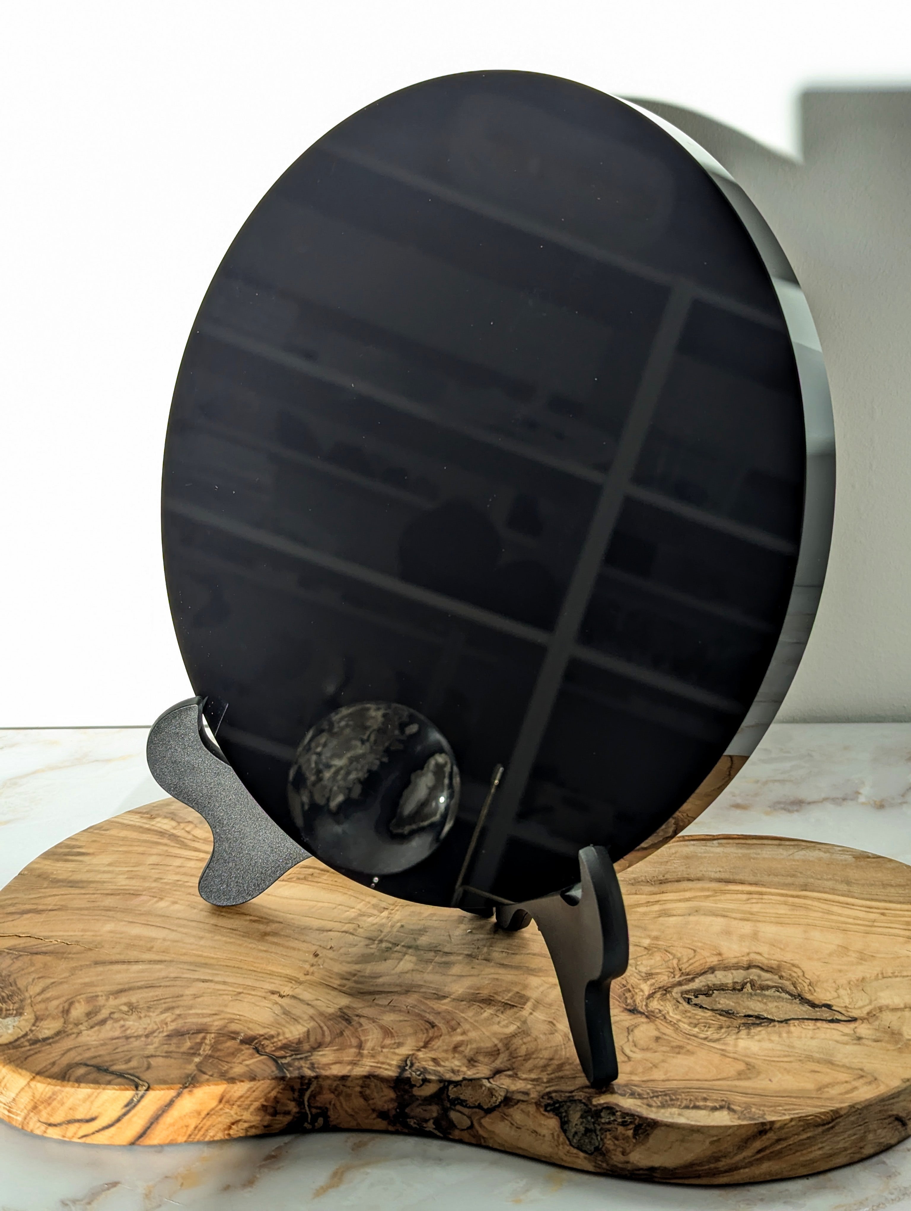 XL 25cm Obsidian Spiegel mit Ständer (hohe Qualität) 🖤