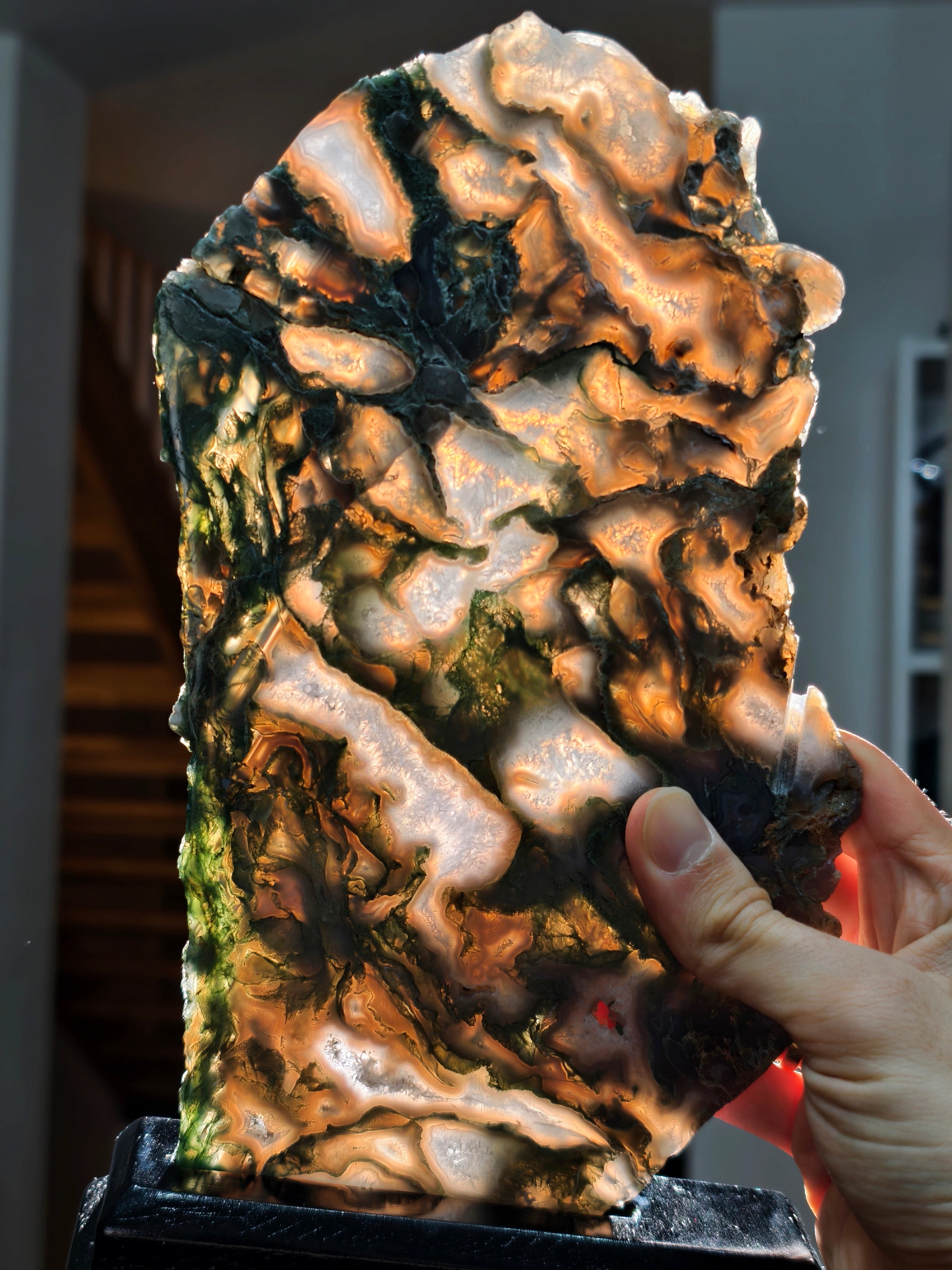 Moosachat Platte auf Holzsockel