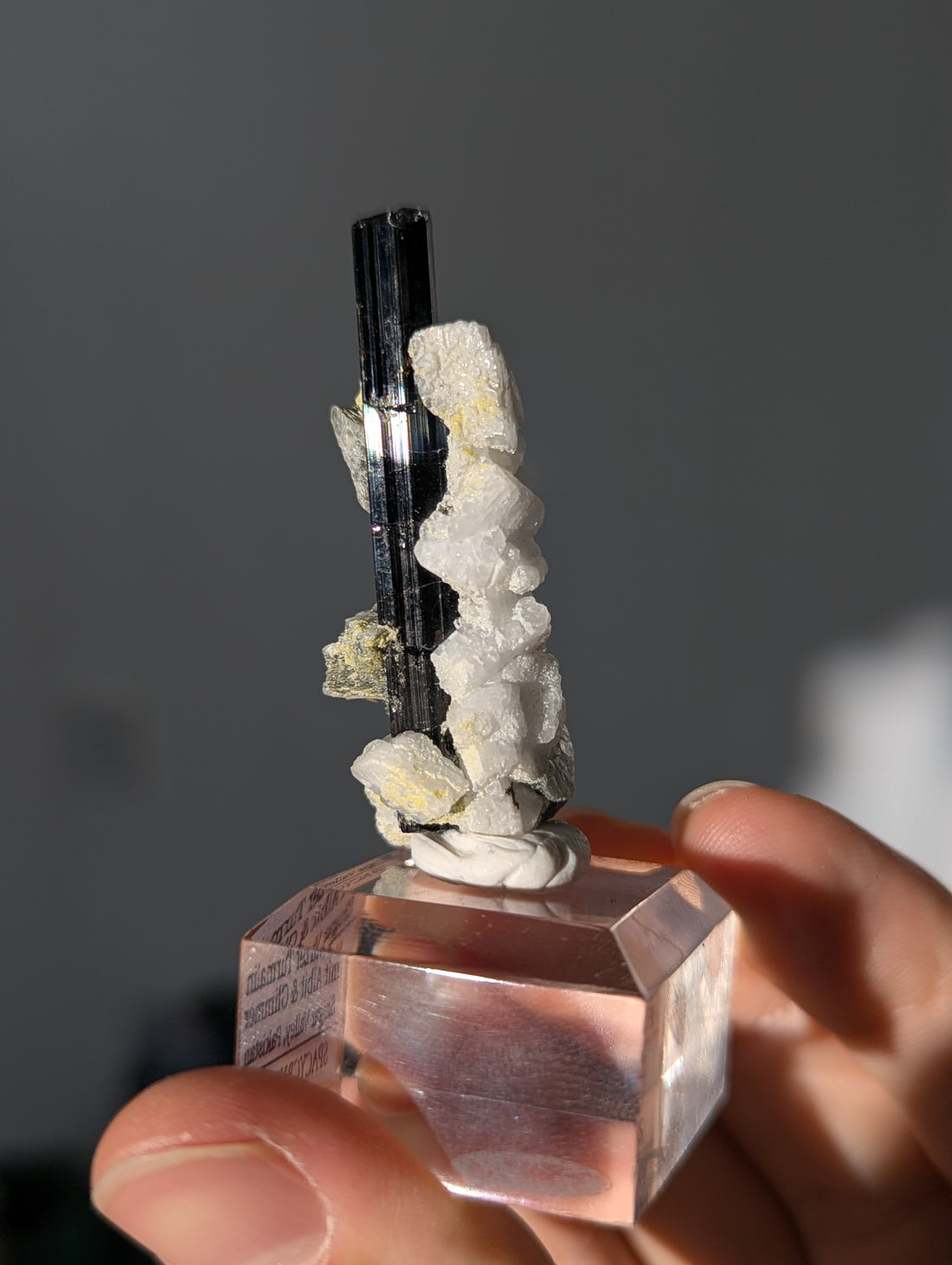 Schwarzer Turmalin (Schörl) mit Albit & Glimmer auf Podest