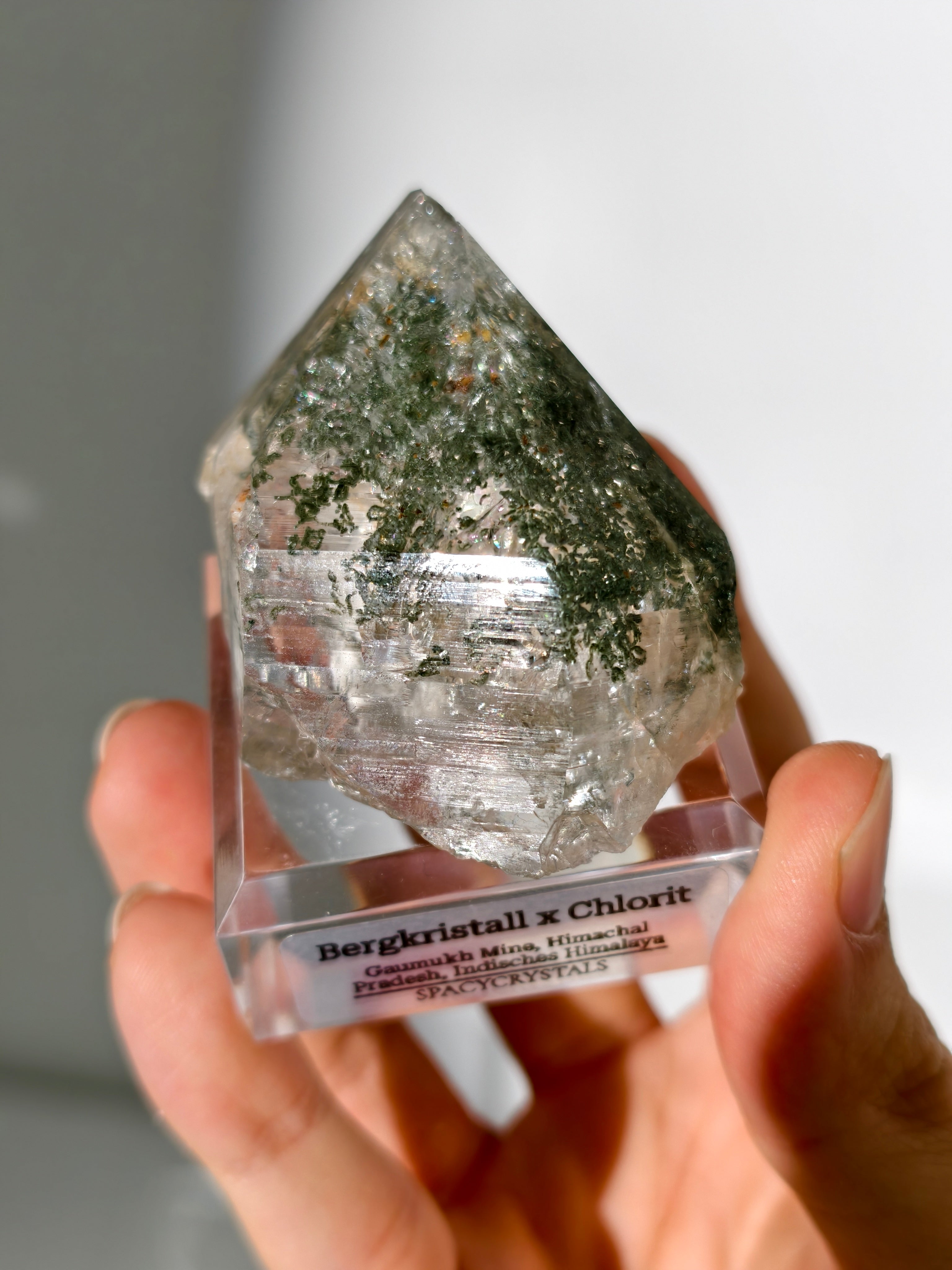 Himalaya Bergkristall Spitze mit Chlorit Einschlüssen
