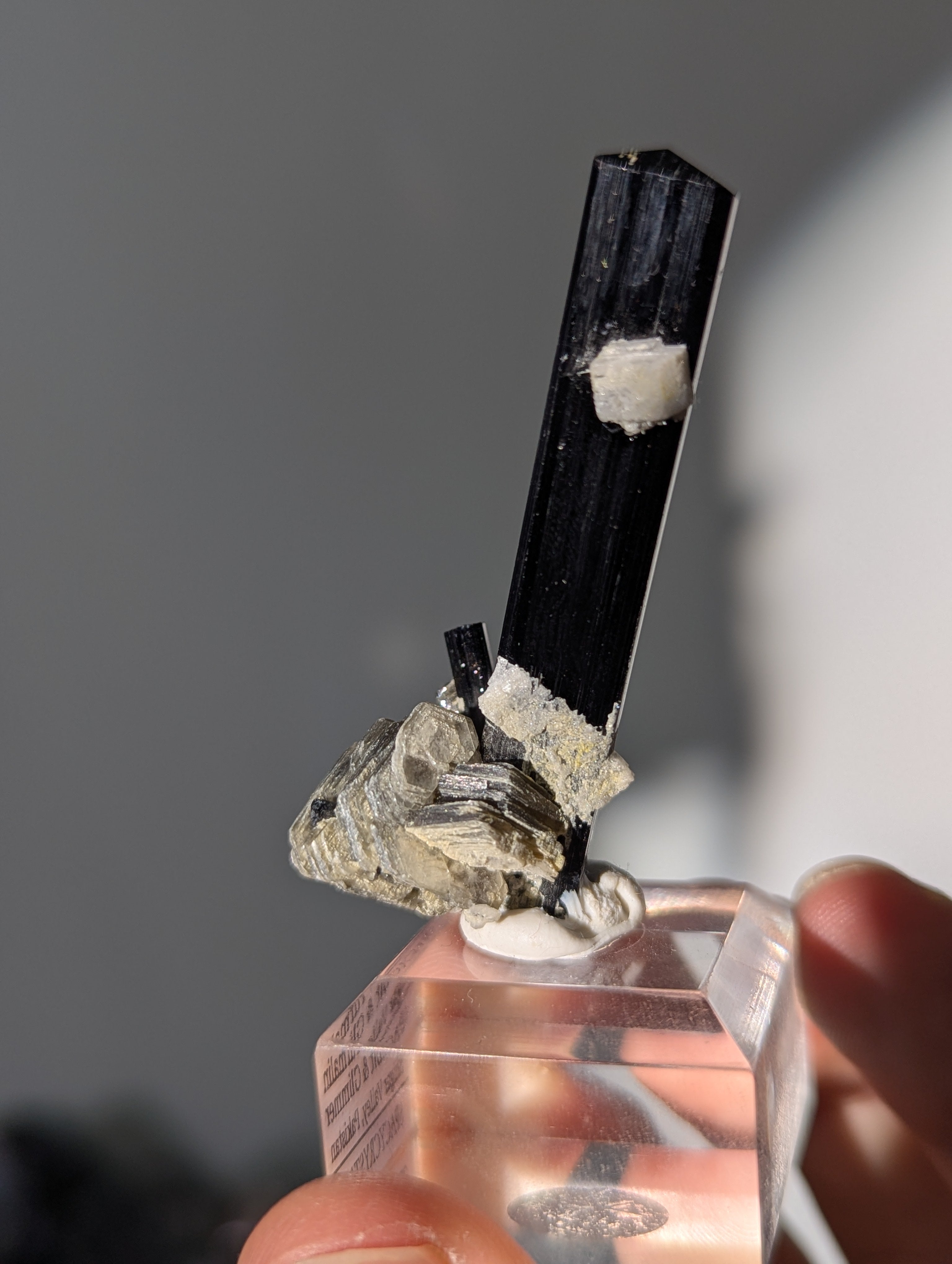 Schwarzer Turmalin (Schörl) mit Albit & Glimmer auf Podest