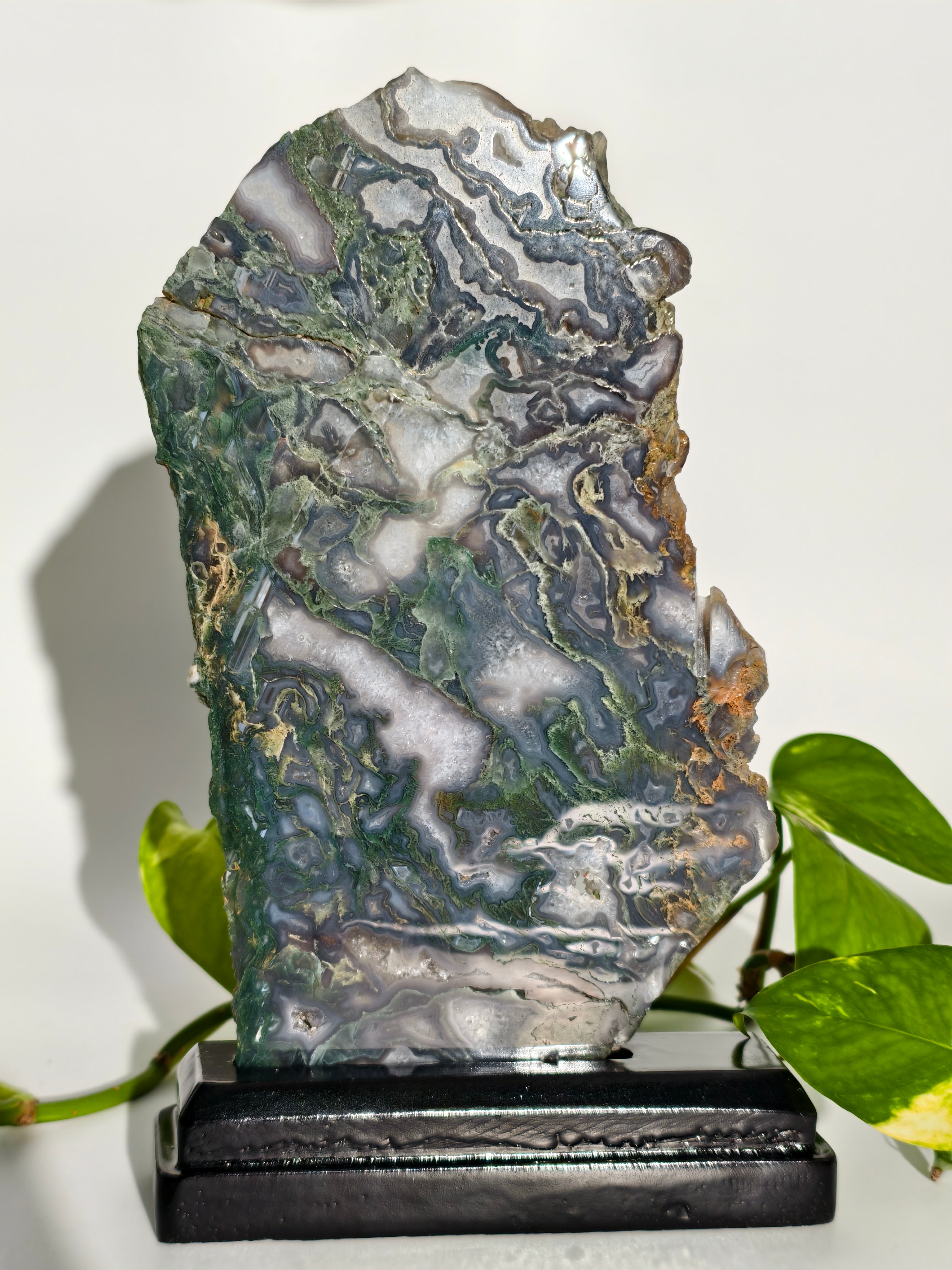 Moosachat Platte auf Holzsockel