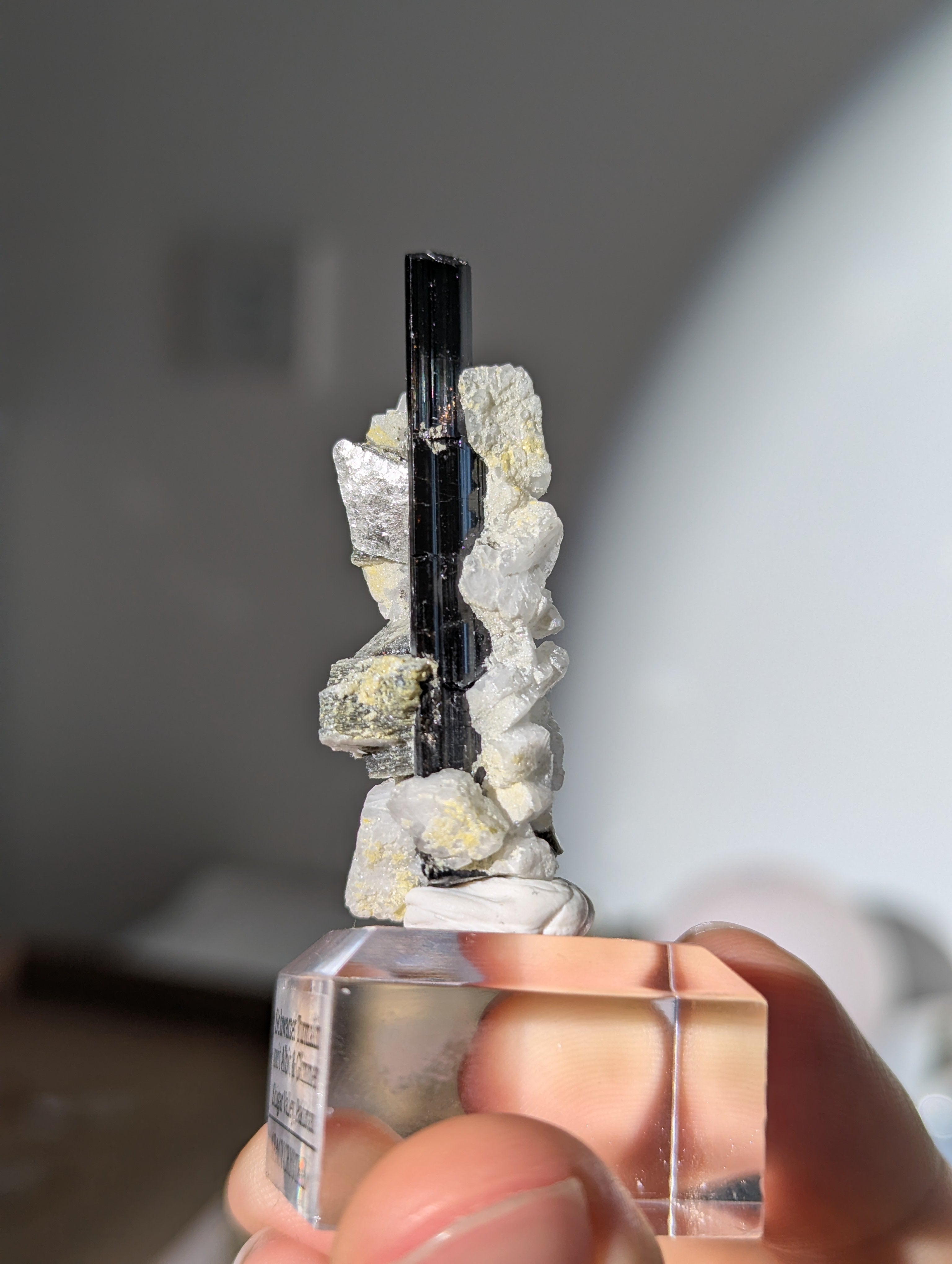 Schwarzer Turmalin (Schörl) mit Albit & Glimmer auf Podest