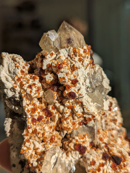 Spessartin Granat Cluster mit Rauchquarz