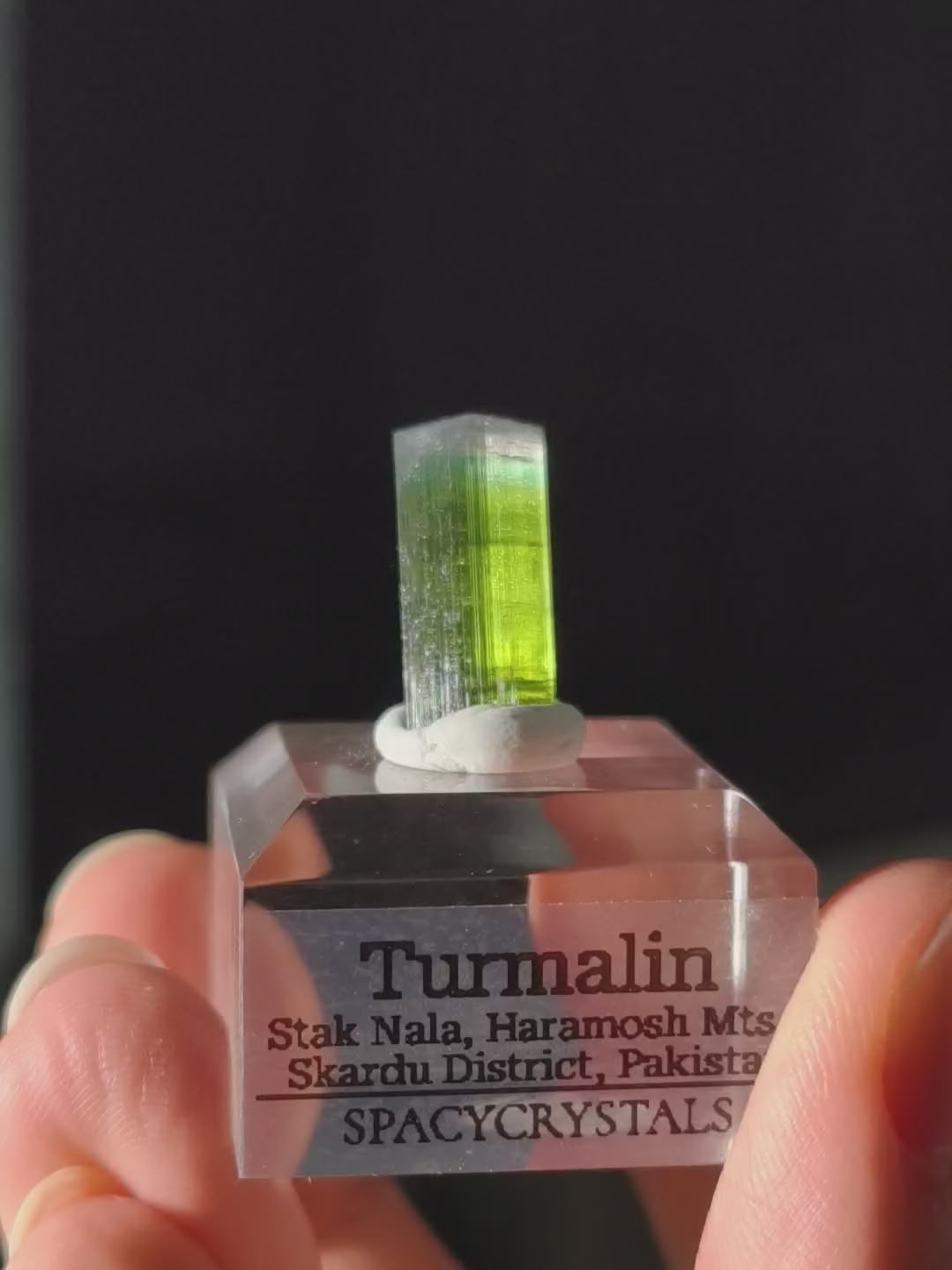 Glasig grüner Turmalin mit blau/weißer Kappe aus Stak Nala, Pakistan