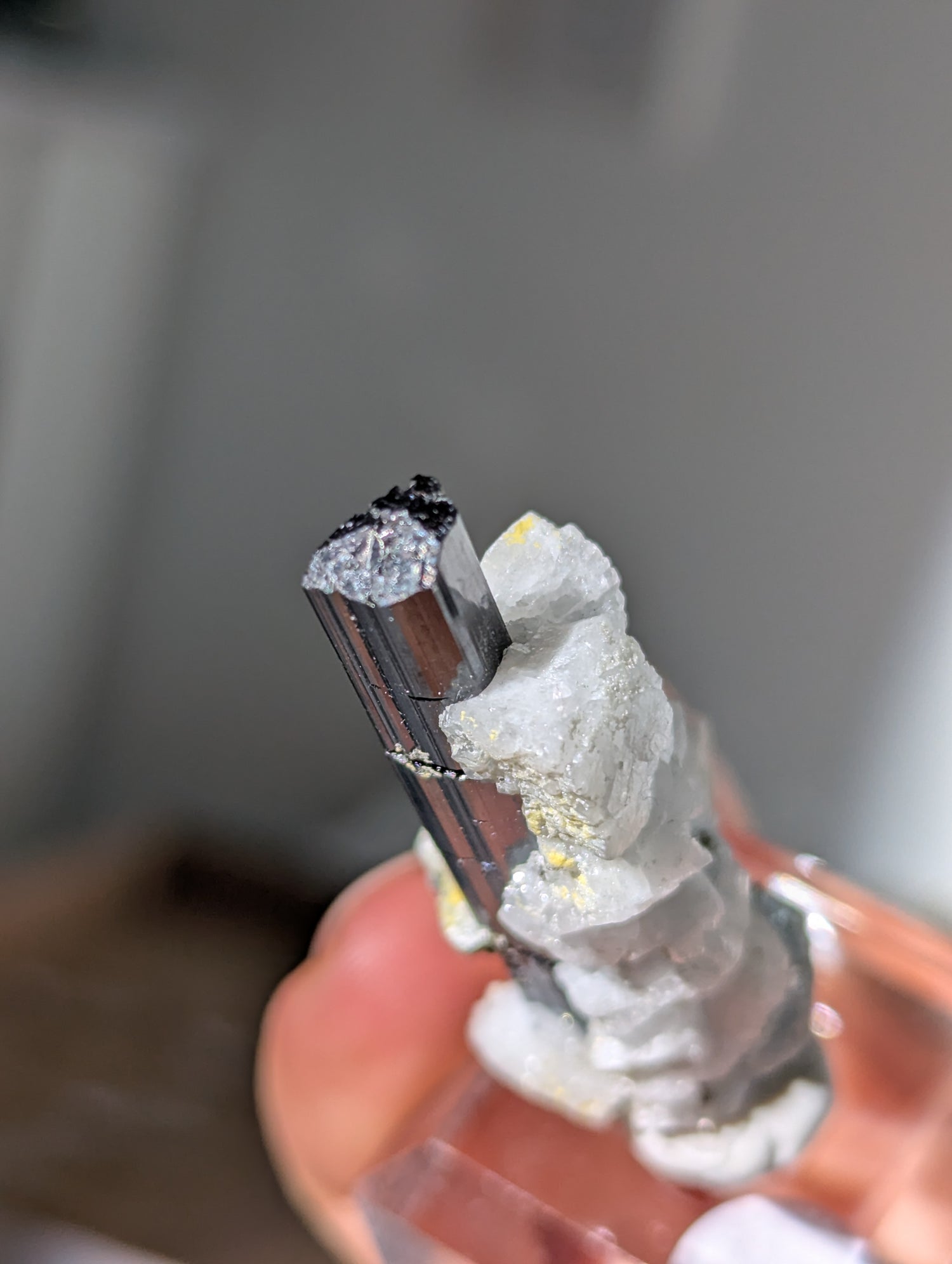 Schwarzer Turmalin (Schörl) mit Albit &amp; Glimmer auf Podest