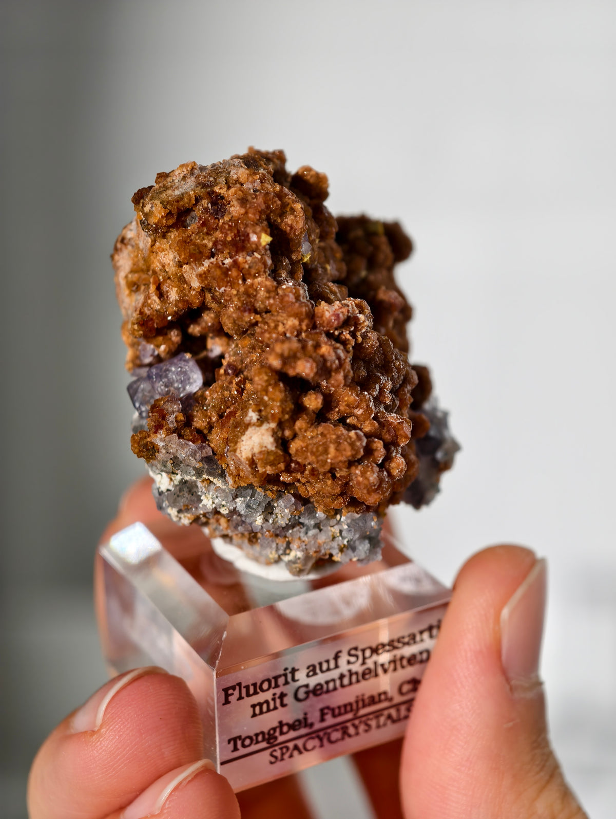 Fluorit Oktaeder auf Spessartin Granat aus Tongbei