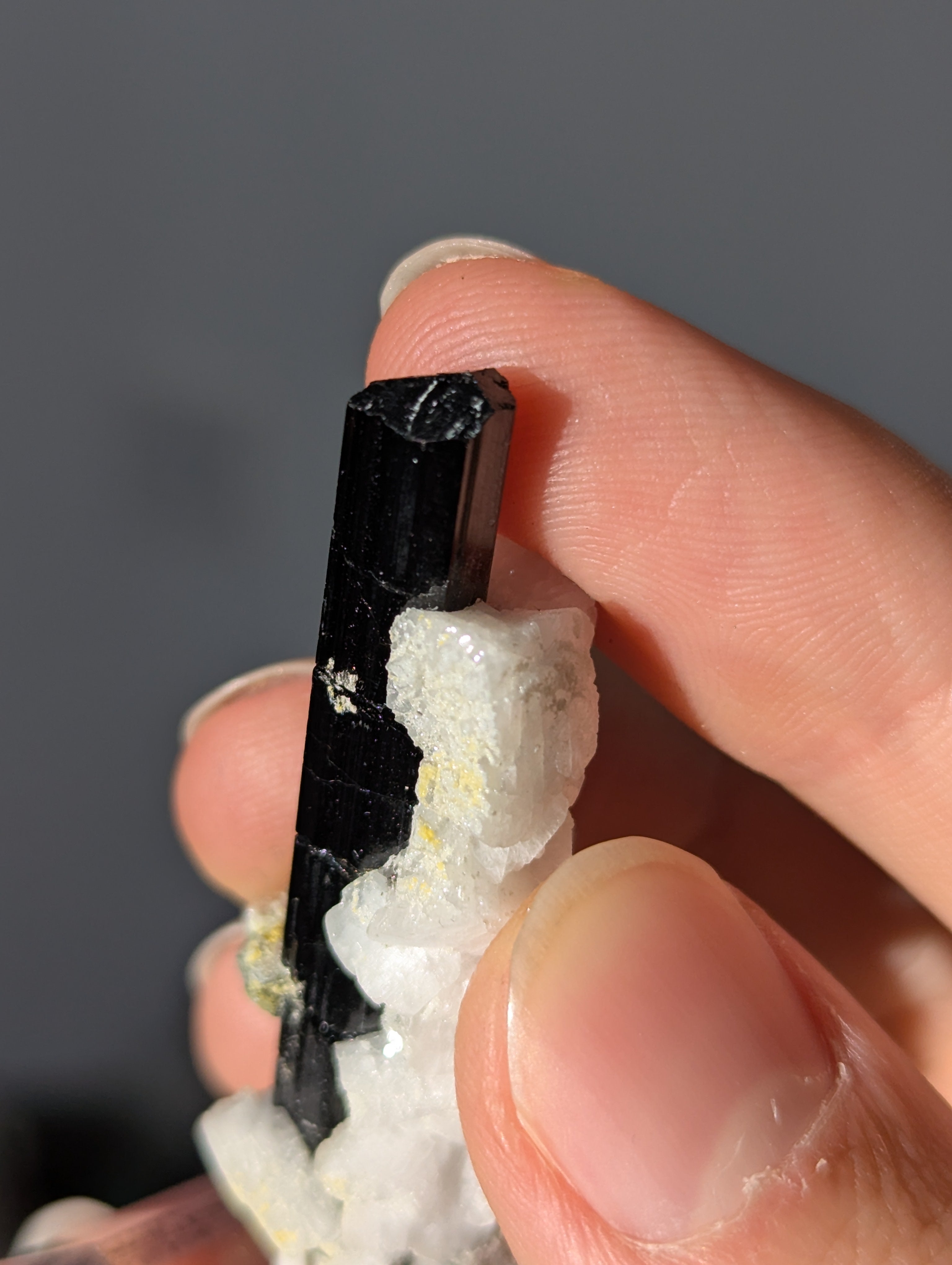 Schwarzer Turmalin (Schörl) mit Albit &amp; Glimmer auf Podest