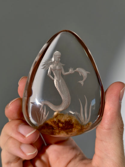 Meerjungfrau Delphin Gartenquarz Carving Rauchquarz