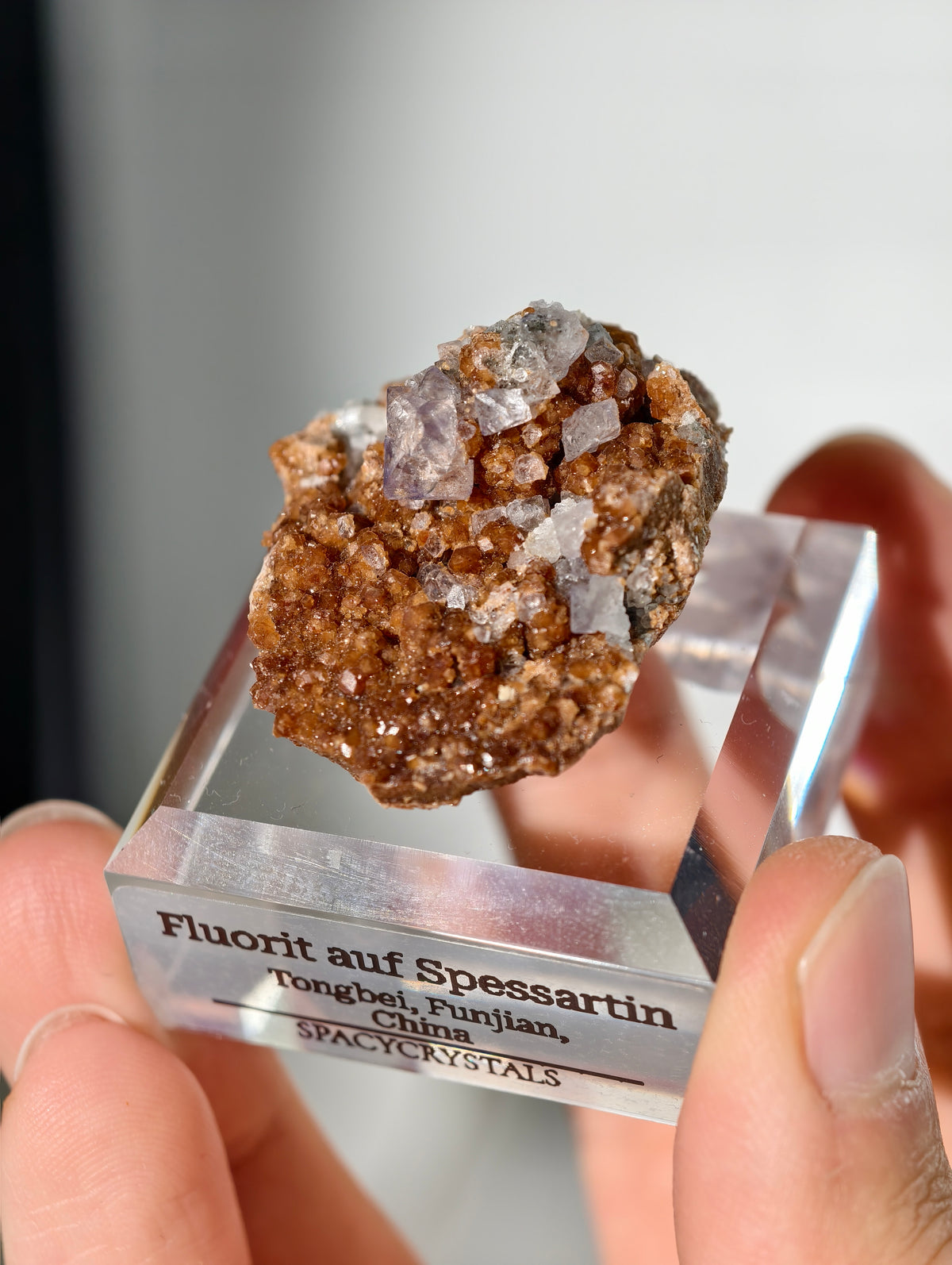 Fluorit Oktaeder auf Spessartin Granat aus Tongbei
