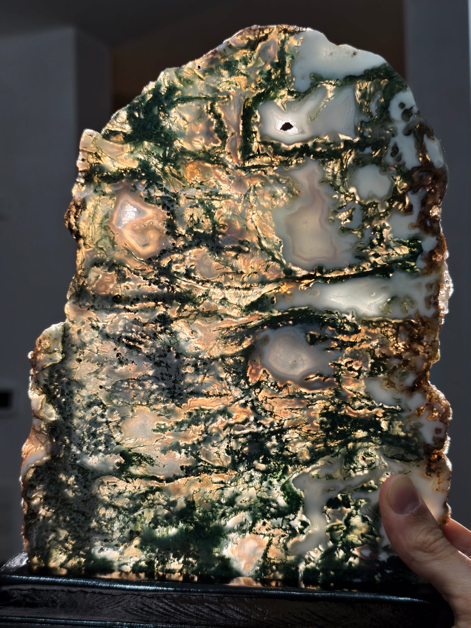 Moosachat Platte auf Holzsockel