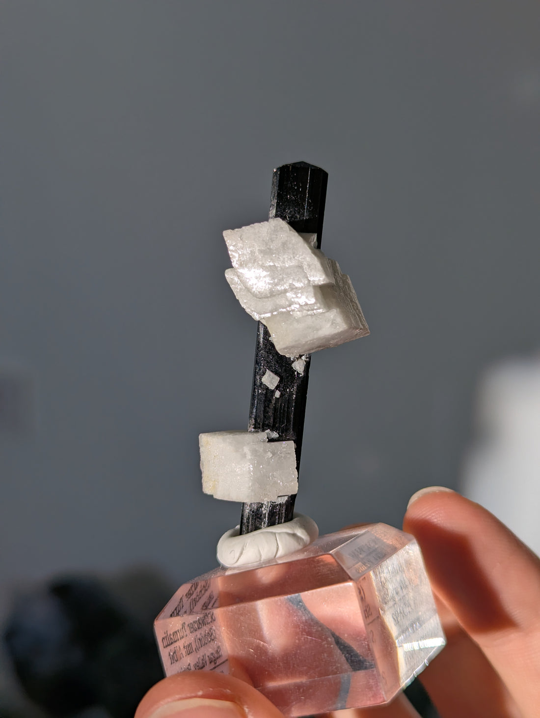 Schwarzer Turmalin (Schörl) mit Albit auf Podest