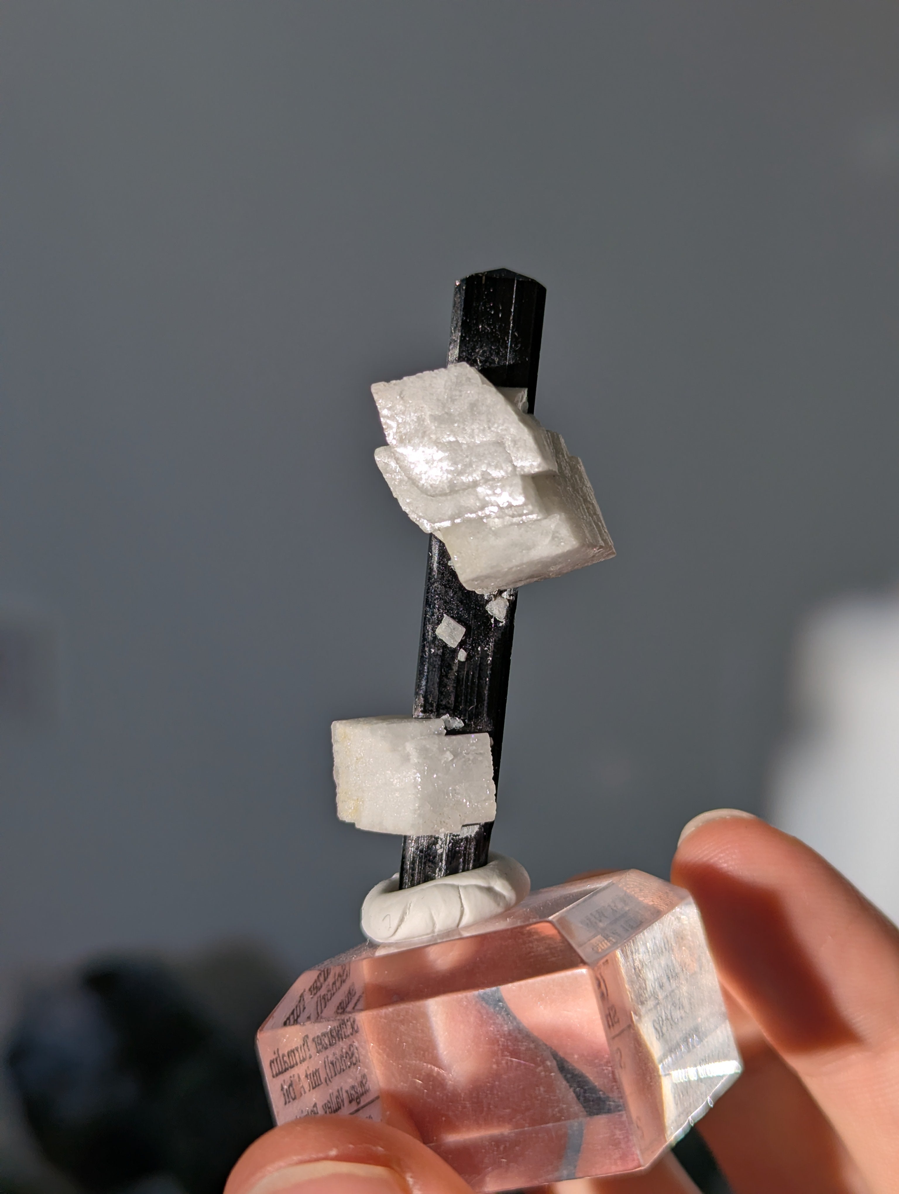 Schwarzer Turmalin (Schörl) mit Albit auf Podest